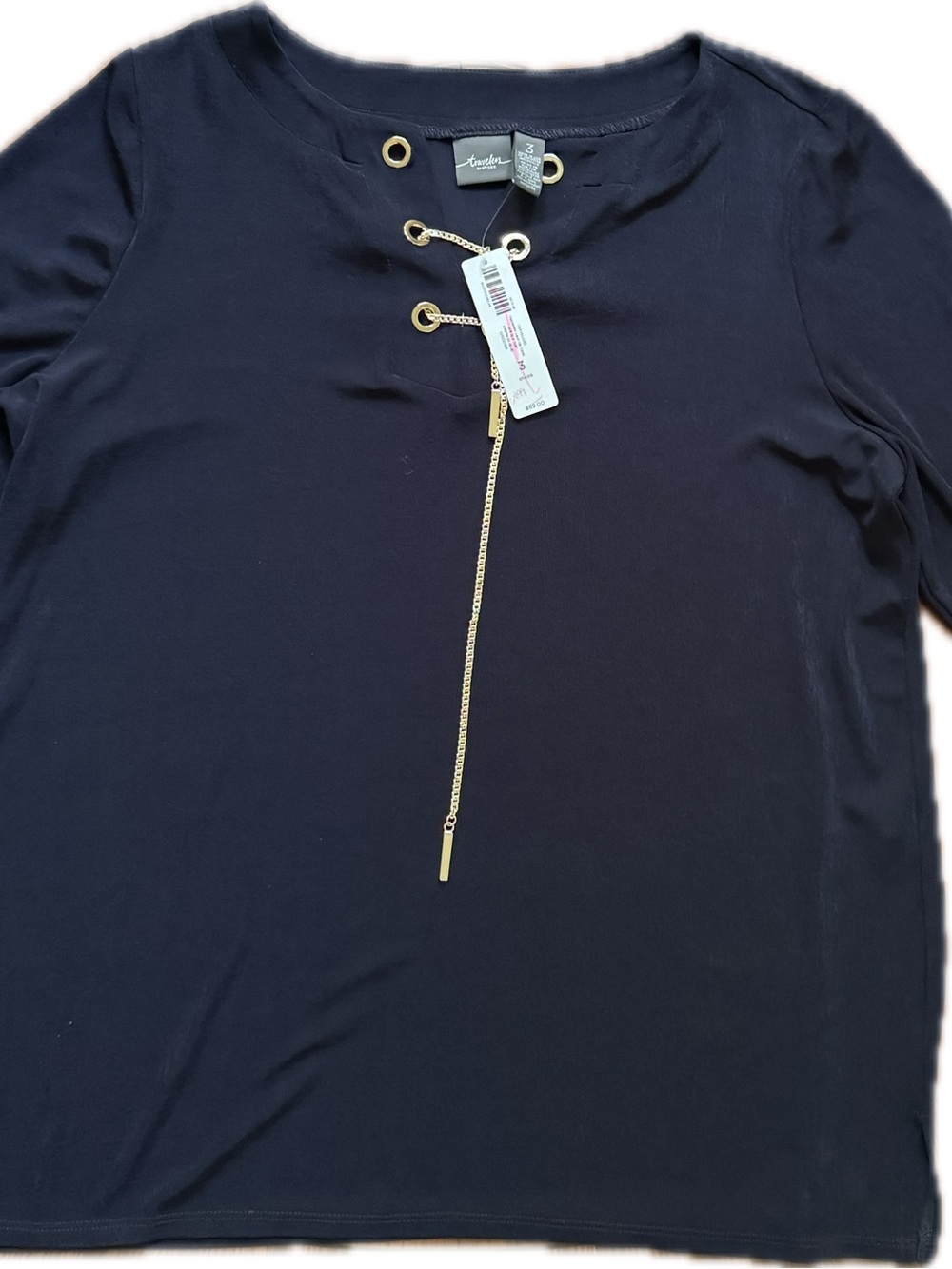 Travelers by Chico Navy Long-Sleeve Lace-Up Top with Gold Chain Detail NWT